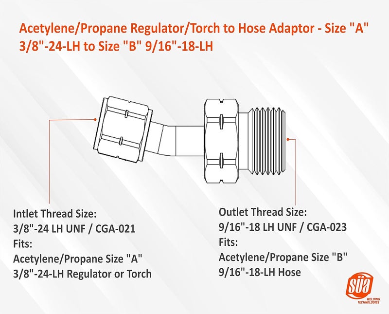 Sa - Regulator/Torch to Hose Adaptors ''A'' 3/8''-24 to ''B'' 9/16''-18 for Oxygen and Acetylene/Propane - Image 3
